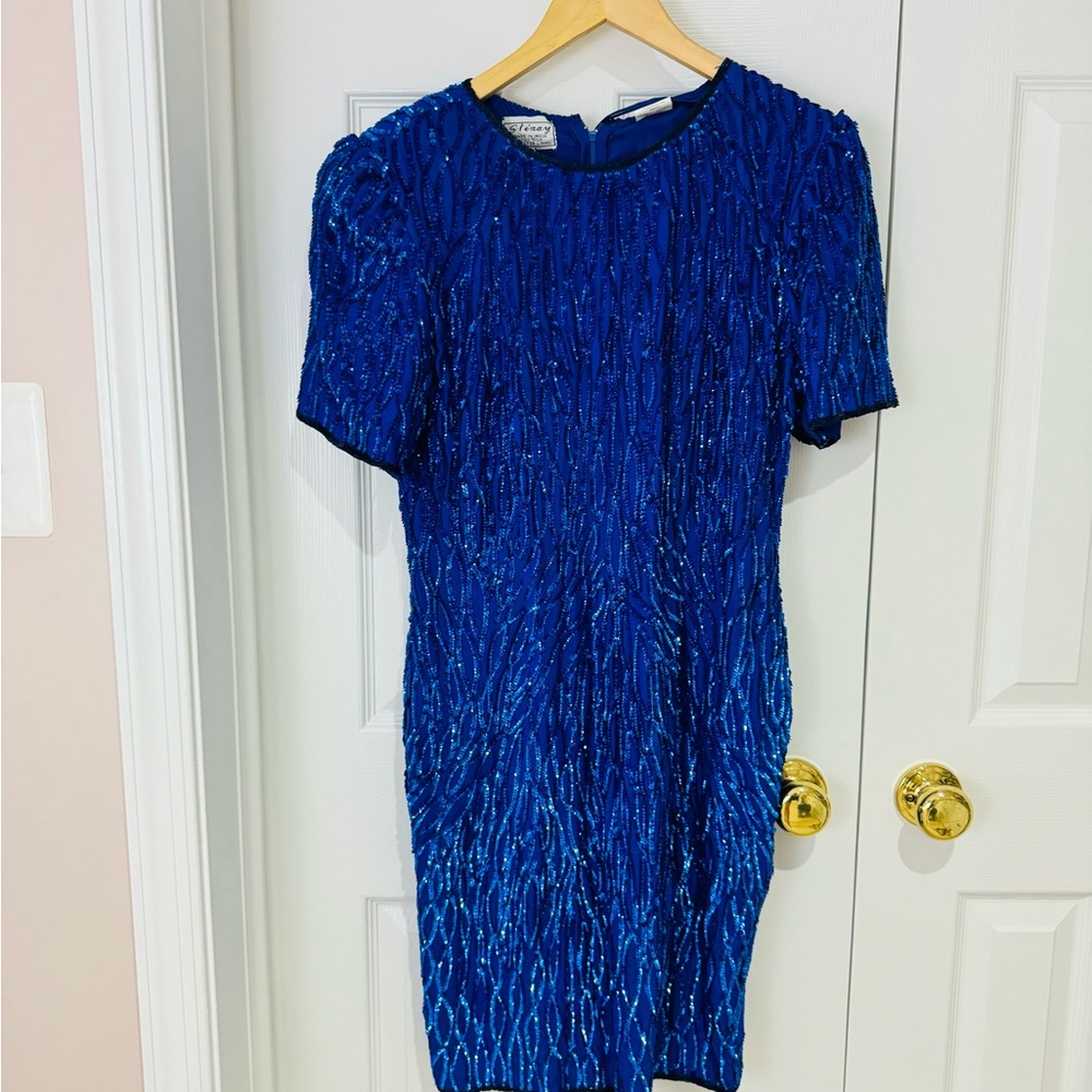 NWT Vintage Stenay Blue Beaded Dress size 12 Royal blue sequins retro formal